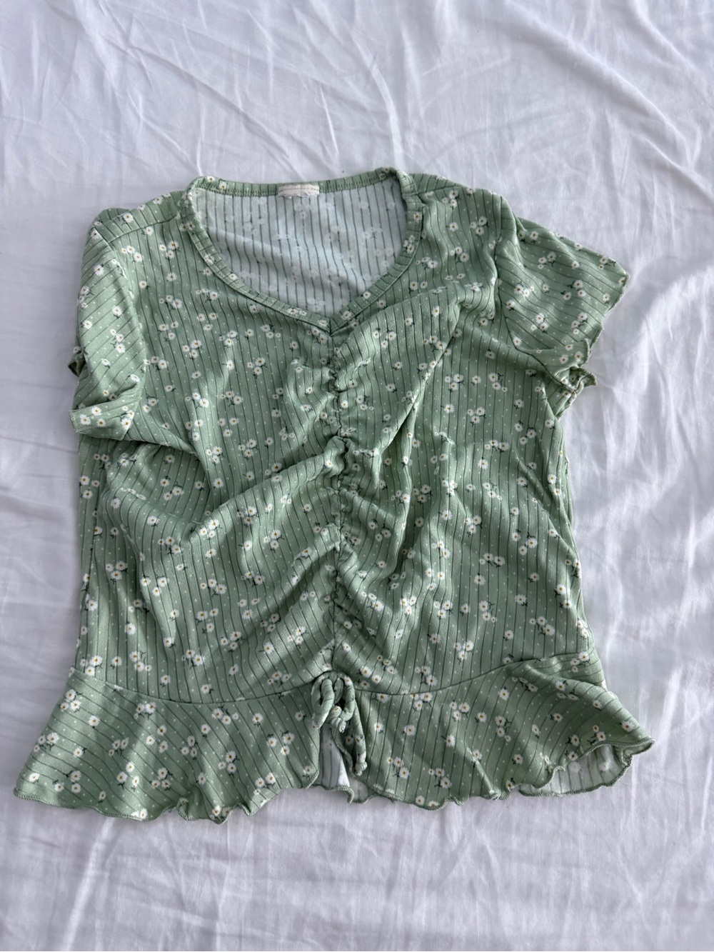 Green Floral Ruffle-Trim Women's Top